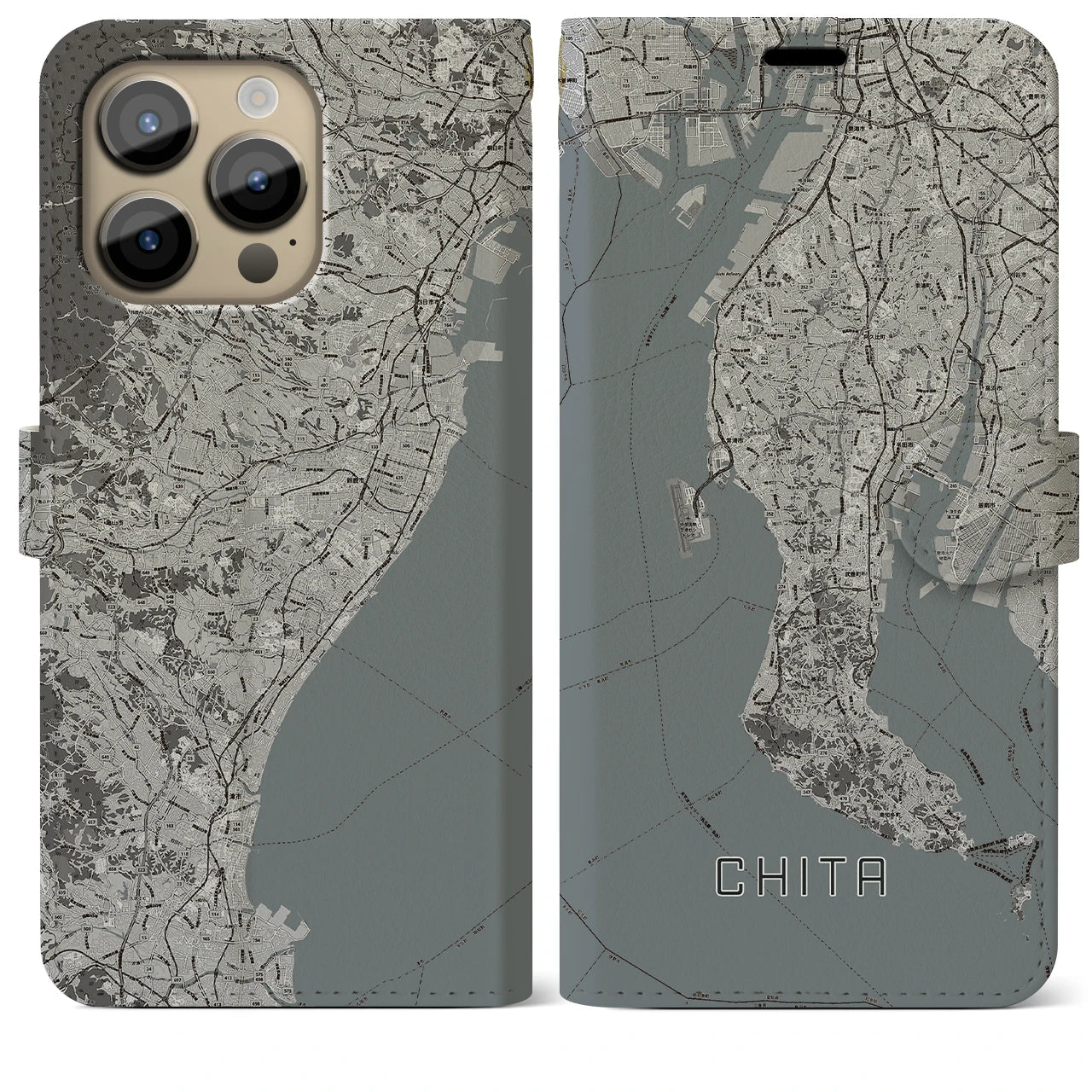 【知多2(愛知県)】地図柄iPhoneケース(手帳タイプ)モノトーン・iPhone 14 Pro Max 用