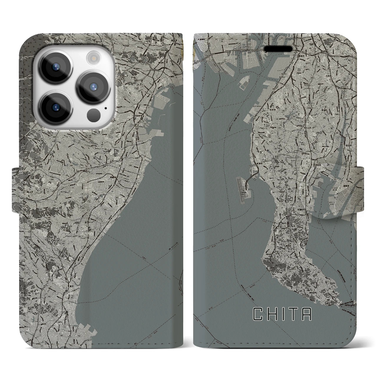 【知多2(愛知県)】地図柄iPhoneケース(手帳タイプ)モノトーン・iPhone 14 Pro 用