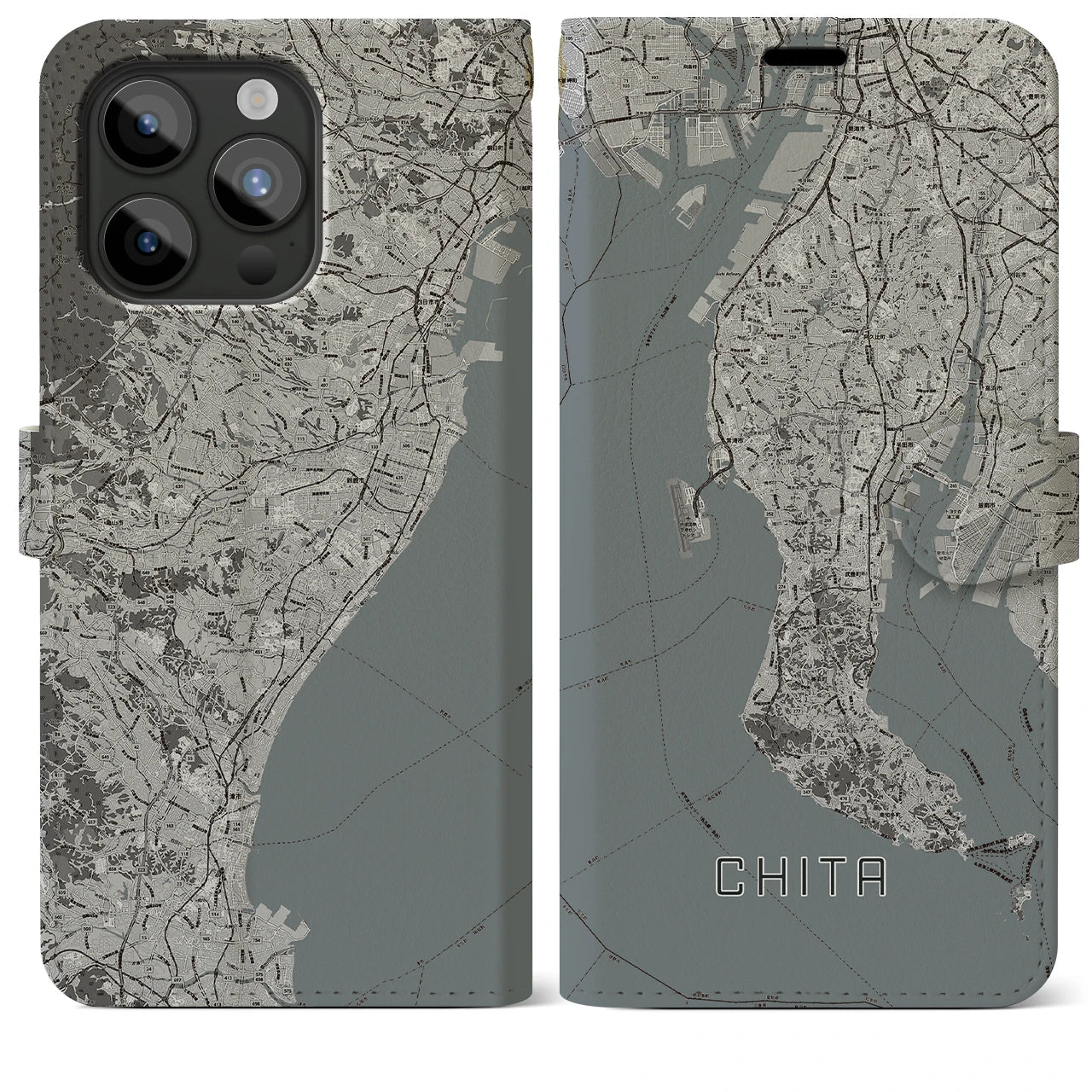 【知多2(愛知県)】地図柄iPhoneケース(手帳タイプ)モノトーン・iPhone 15 Pro Max 用