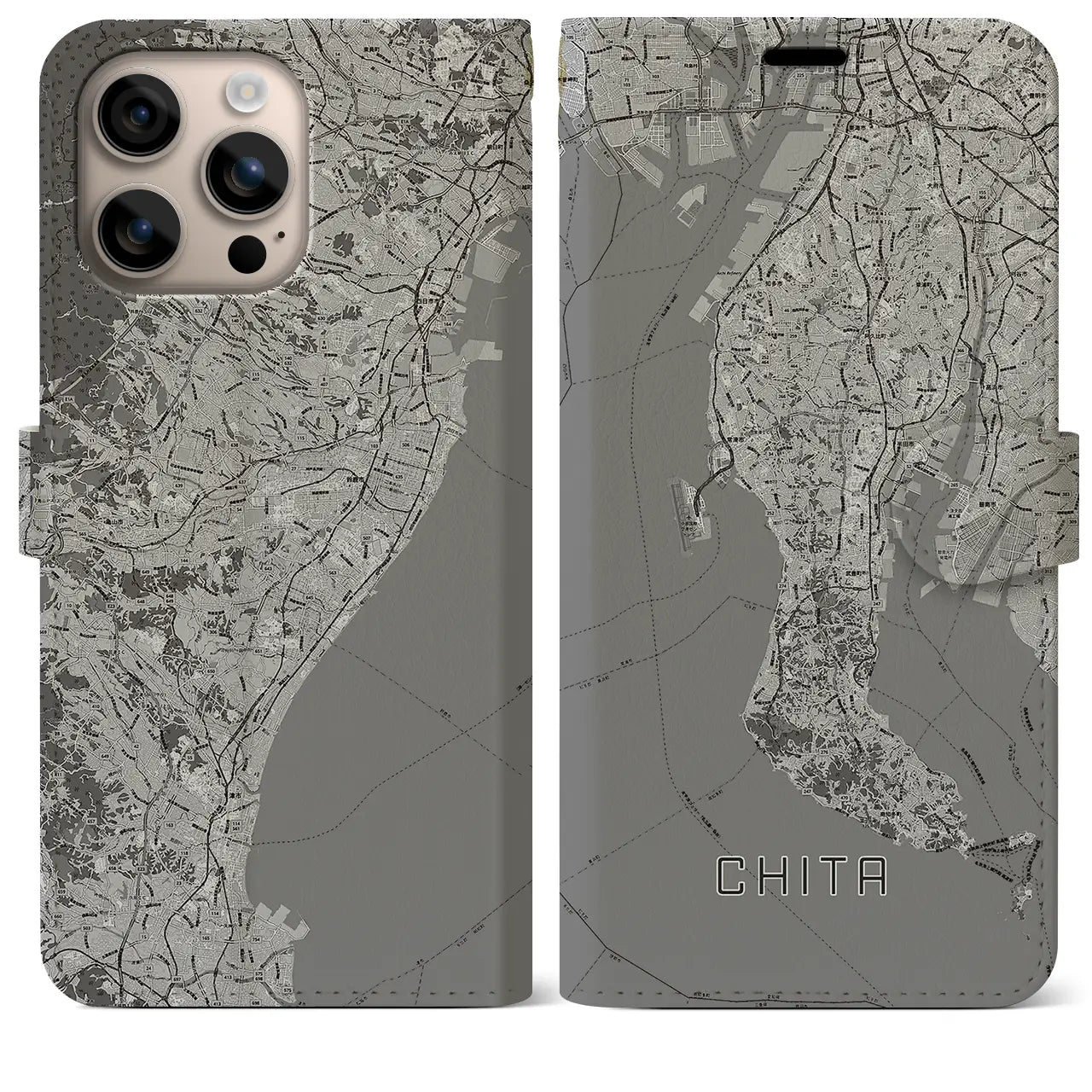 【知多2(愛知県)】地図柄iPhoneケース(手帳タイプ)モノトーン・iPhone 16 Plus 用