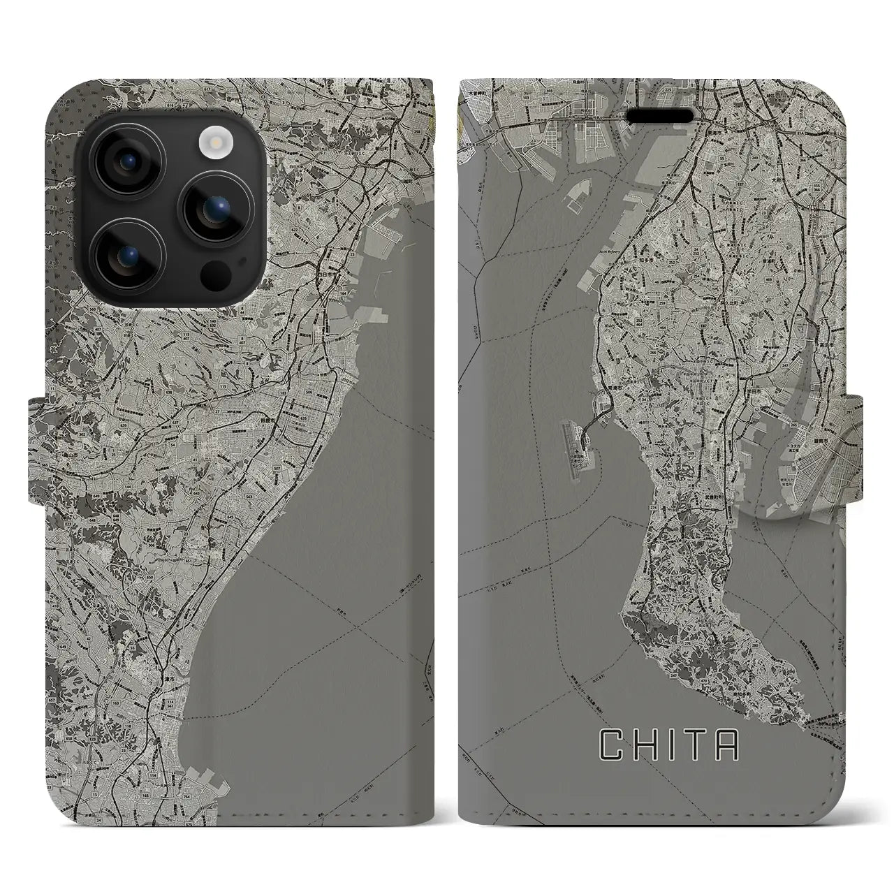 【知多2(愛知県)】地図柄iPhoneケース(手帳タイプ)モノトーン・iPhone 16 用