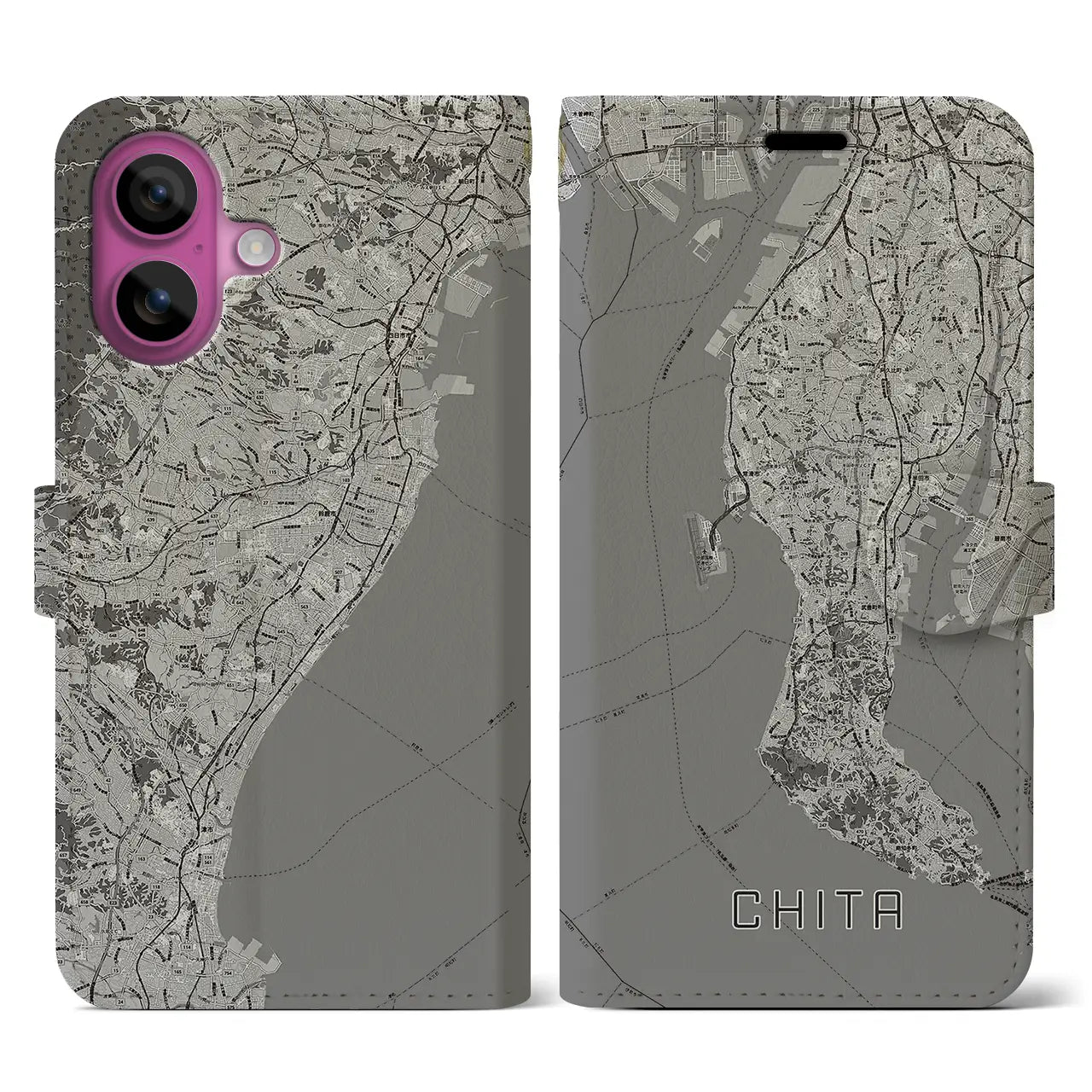【知多2(愛知県)】地図柄iPhoneケース(手帳タイプ)モノトーン・iPhone 16 Pro 用