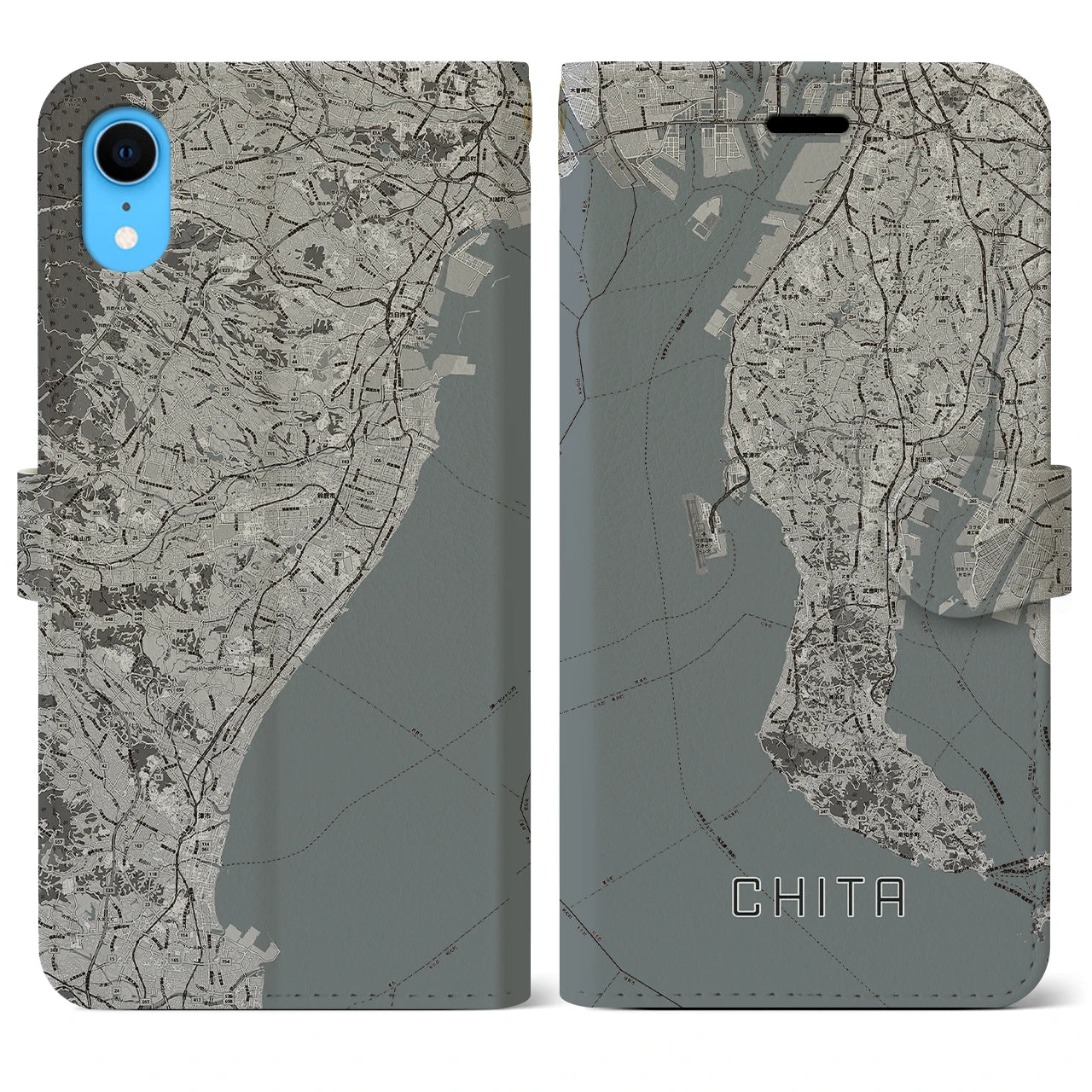 【知多2(愛知県)】地図柄iPhoneケース(手帳タイプ)モノトーン・iPhone XR 用