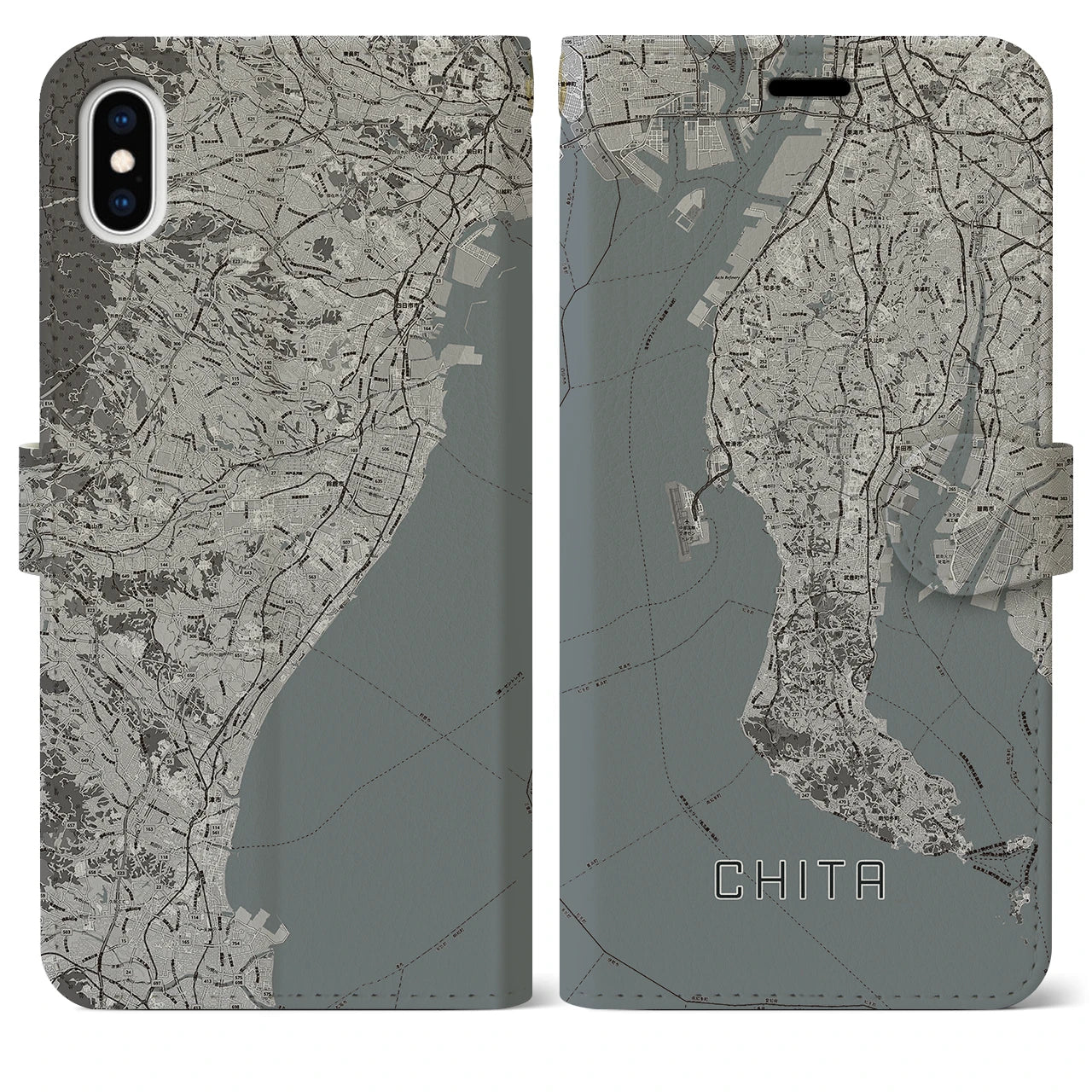 【知多2(愛知県)】地図柄iPhoneケース(手帳タイプ)モノトーン・iPhone XS Max 用