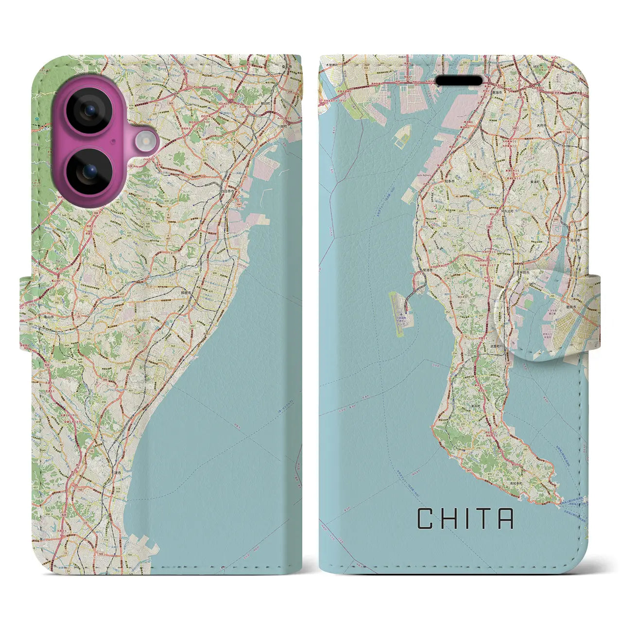 【知多2(愛知県)】地図柄iPhoneケース(手帳タイプ)ナチュラル・iPhone 16 Pro 用