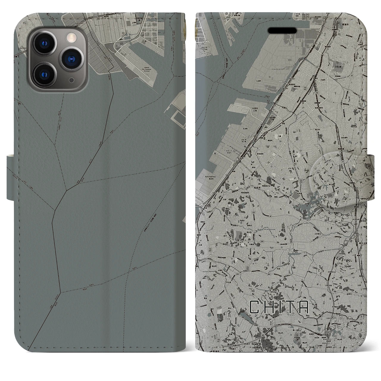 【知多(愛知県)】地図柄iPhoneケース(手帳タイプ)モノトーン・iPhone 11 Pro Max 用
