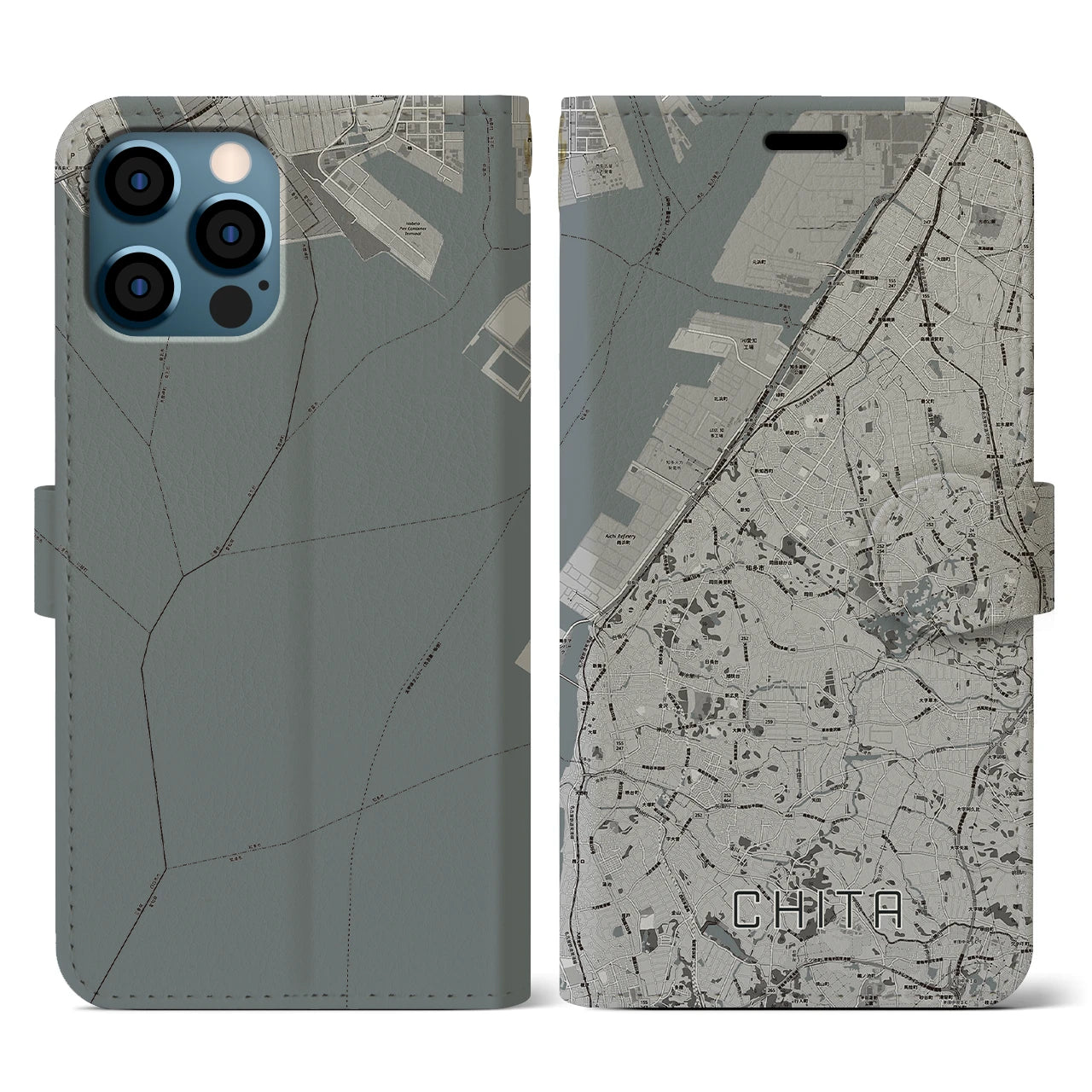 【知多(愛知県)】地図柄iPhoneケース(手帳タイプ)モノトーン・iPhone 12 / 12 Pro 用