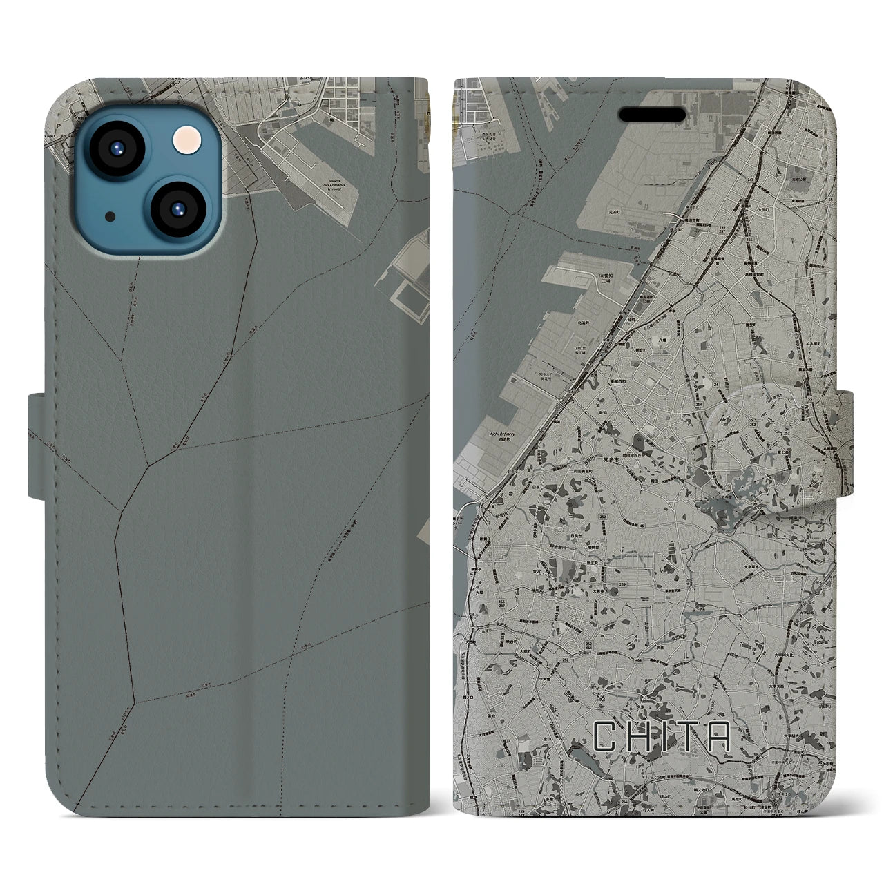 【知多(愛知県)】地図柄iPhoneケース(手帳タイプ)モノトーン・iPhone 13 用