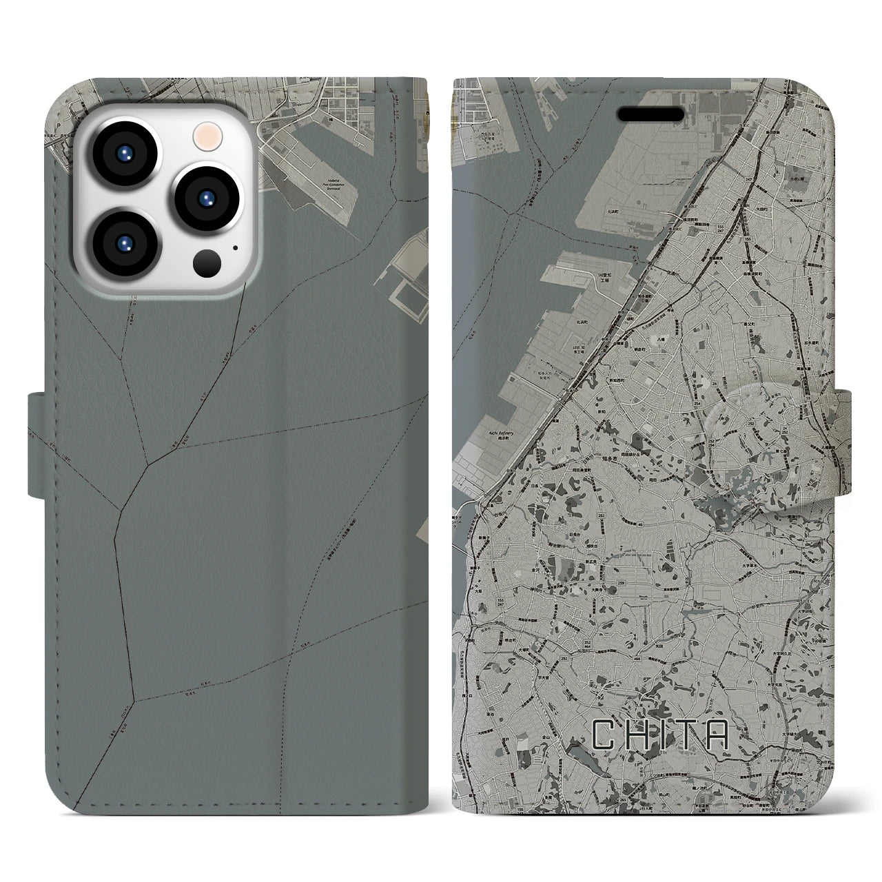 【知多(愛知県)】地図柄iPhoneケース(手帳タイプ)モノトーン・iPhone 13 Pro 用