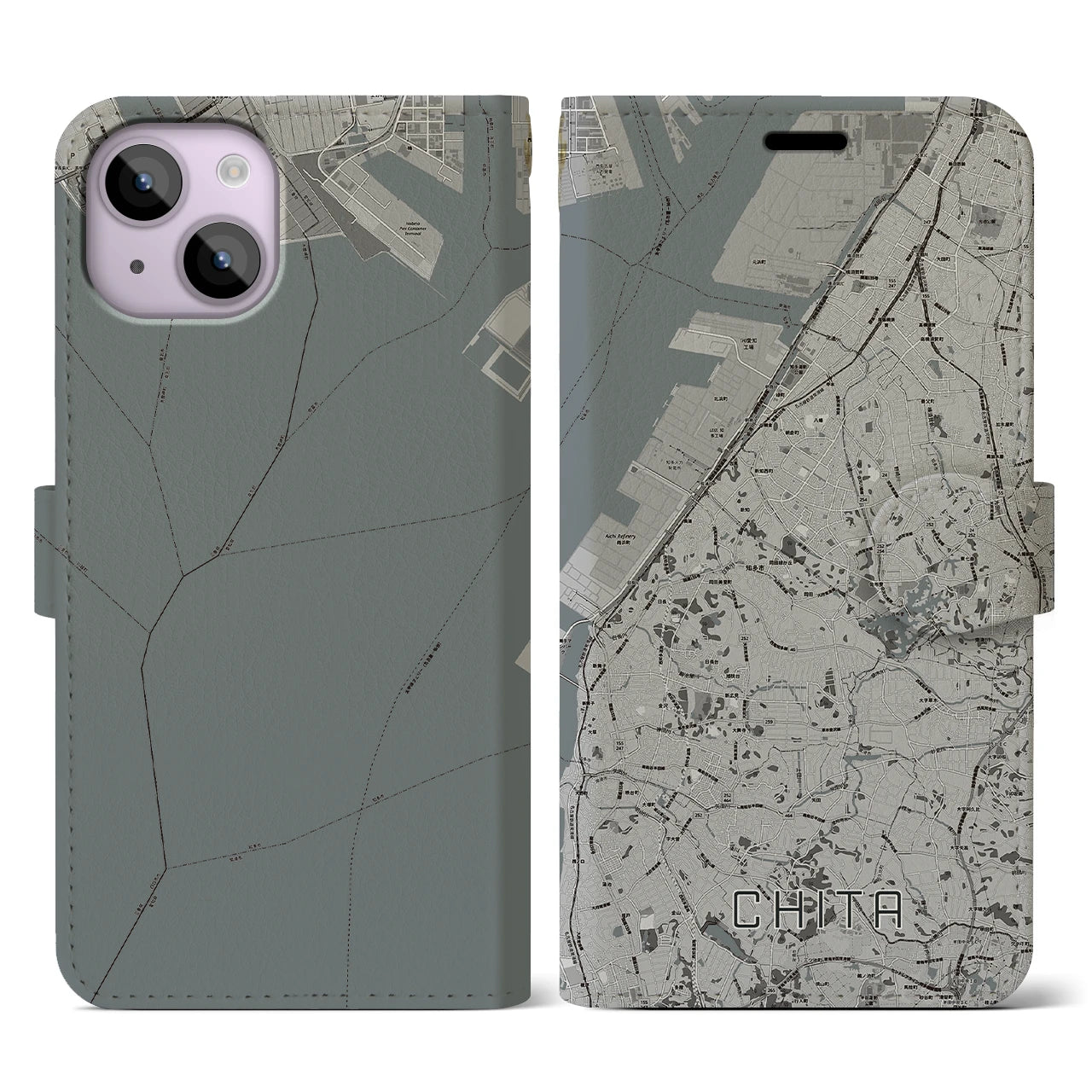 【知多(愛知県)】地図柄iPhoneケース(手帳タイプ)モノトーン・iPhone 14 用