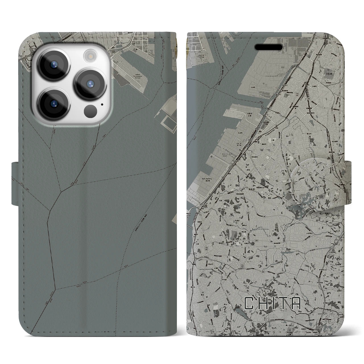 【知多(愛知県)】地図柄iPhoneケース(手帳タイプ)モノトーン・iPhone 14 Pro 用
