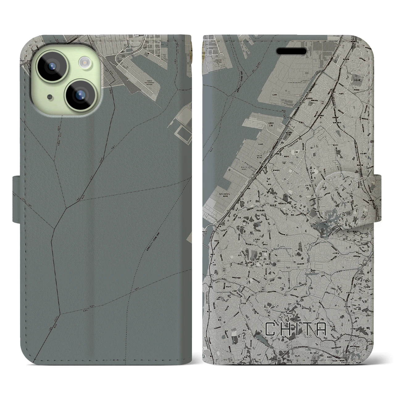 【知多(愛知県)】地図柄iPhoneケース(手帳タイプ)モノトーン・iPhone 15 用