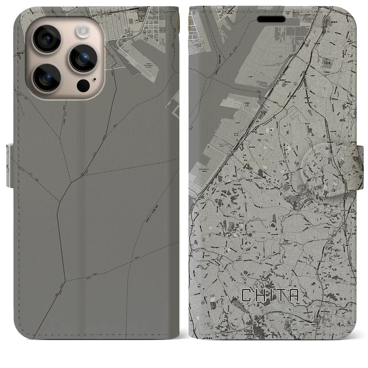 【知多(愛知県)】地図柄iPhoneケース(手帳タイプ)モノトーン・iPhone 16 Plus 用