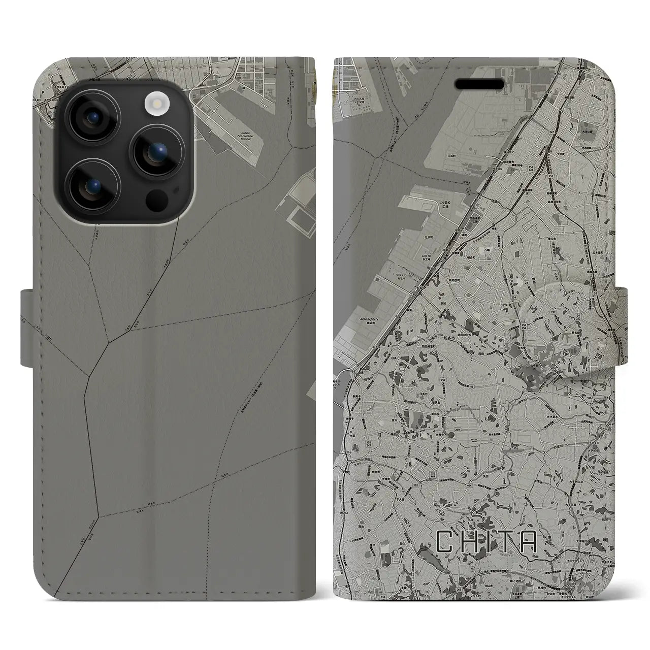 【知多(愛知県)】地図柄iPhoneケース(手帳タイプ)モノトーン・iPhone 16 用