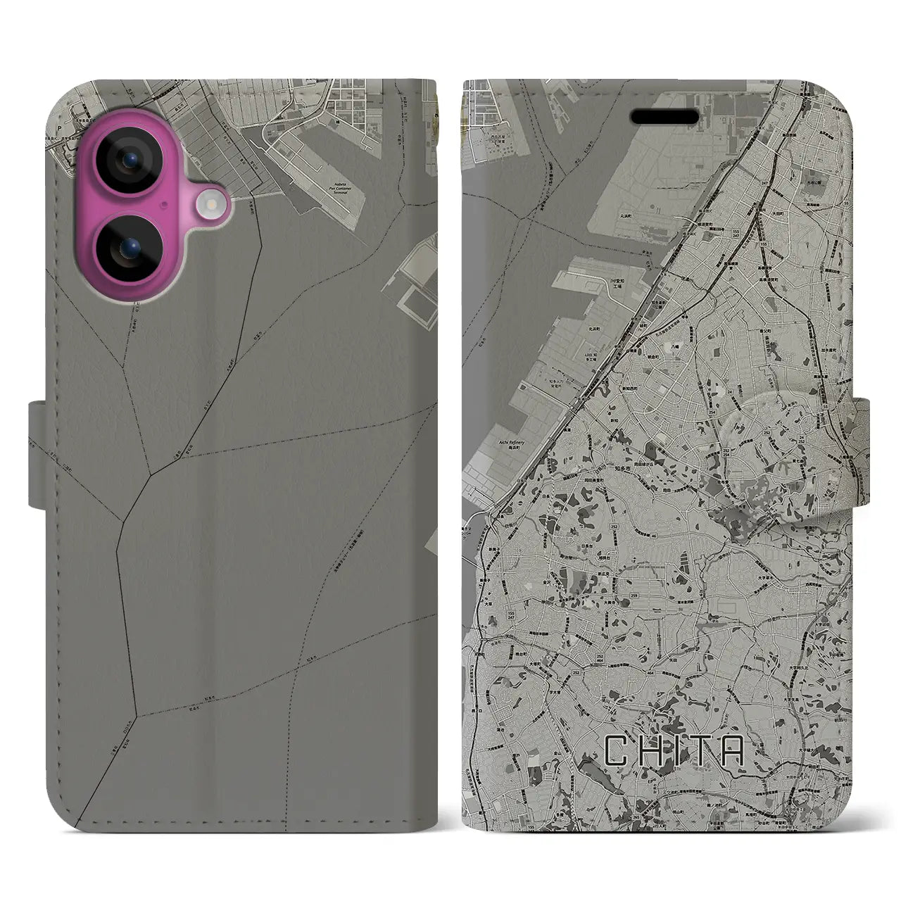 【知多(愛知県)】地図柄iPhoneケース(手帳タイプ)モノトーン・iPhone 16 Pro 用