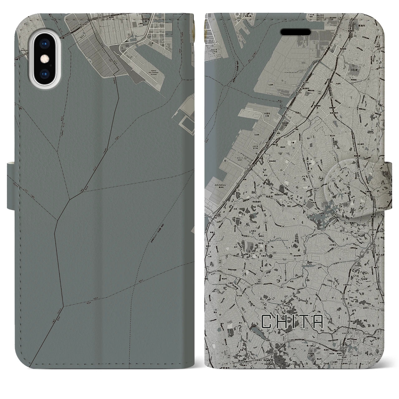 【知多(愛知県)】地図柄iPhoneケース(手帳タイプ)モノトーン・iPhone XS Max 用