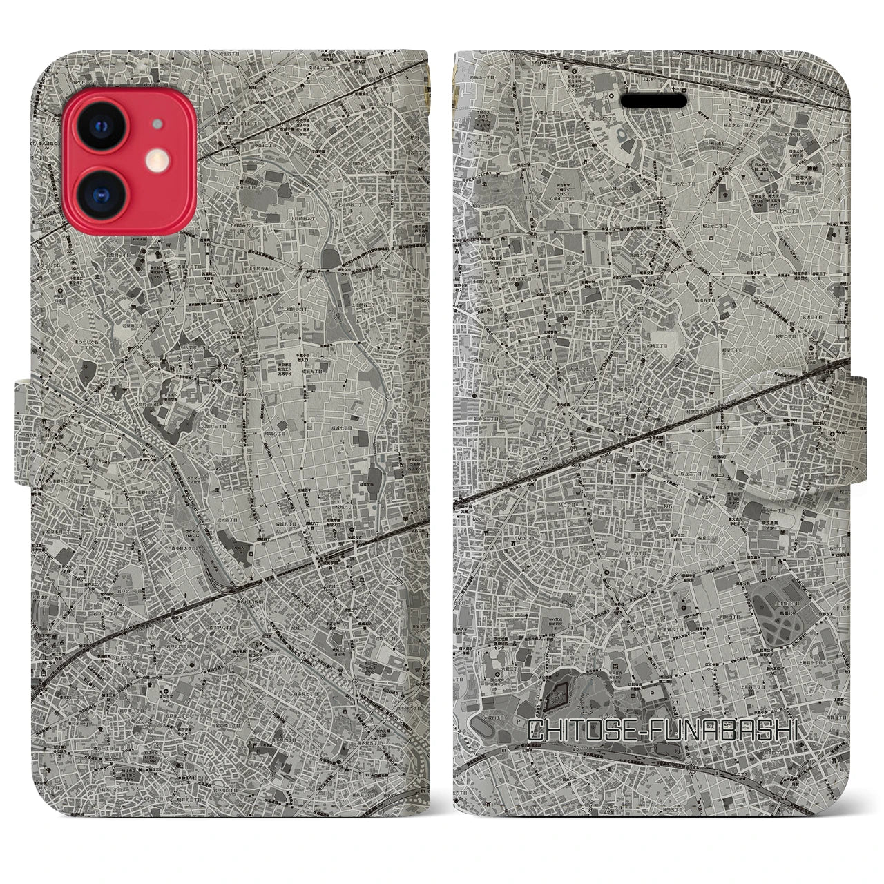 【千歳船橋(東京都)】地図柄iPhoneケース(手帳タイプ)モノトーン・iPhone 11 用