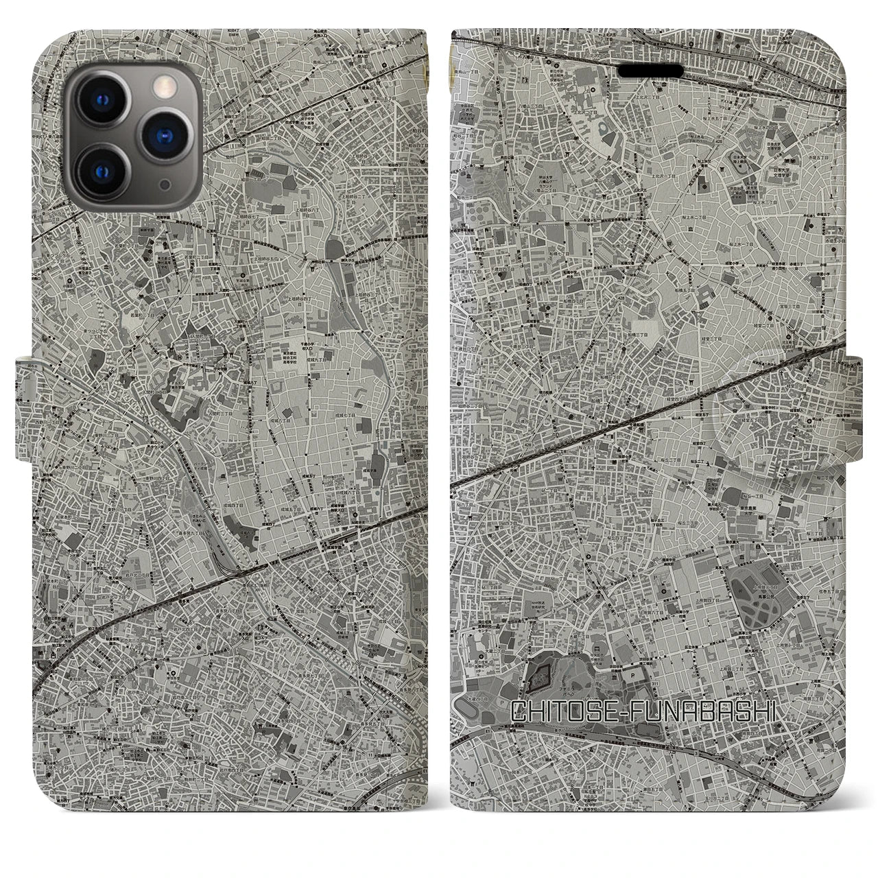 【千歳船橋(東京都)】地図柄iPhoneケース(手帳タイプ)モノトーン・iPhone 11 Pro Max 用