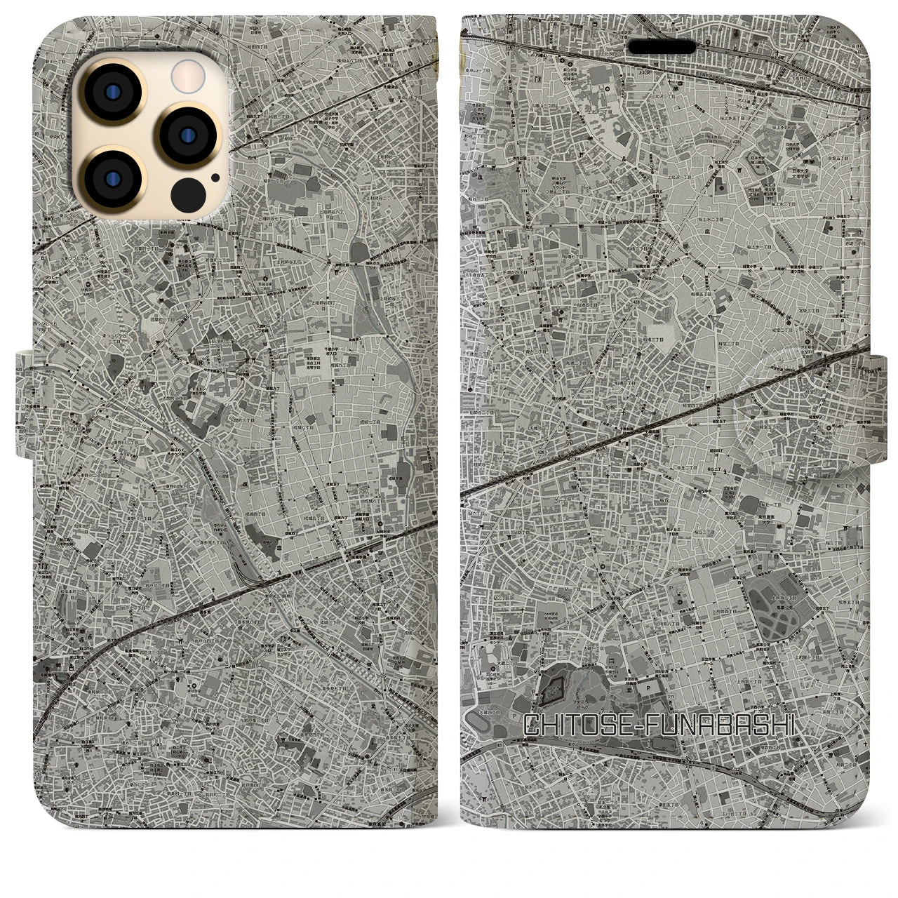 【千歳船橋(東京都)】地図柄iPhoneケース(手帳タイプ)モノトーン・iPhone 12 Pro Max 用