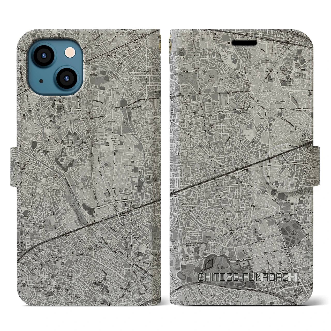 【千歳船橋(東京都)】地図柄iPhoneケース(手帳タイプ)モノトーン・iPhone 13 用