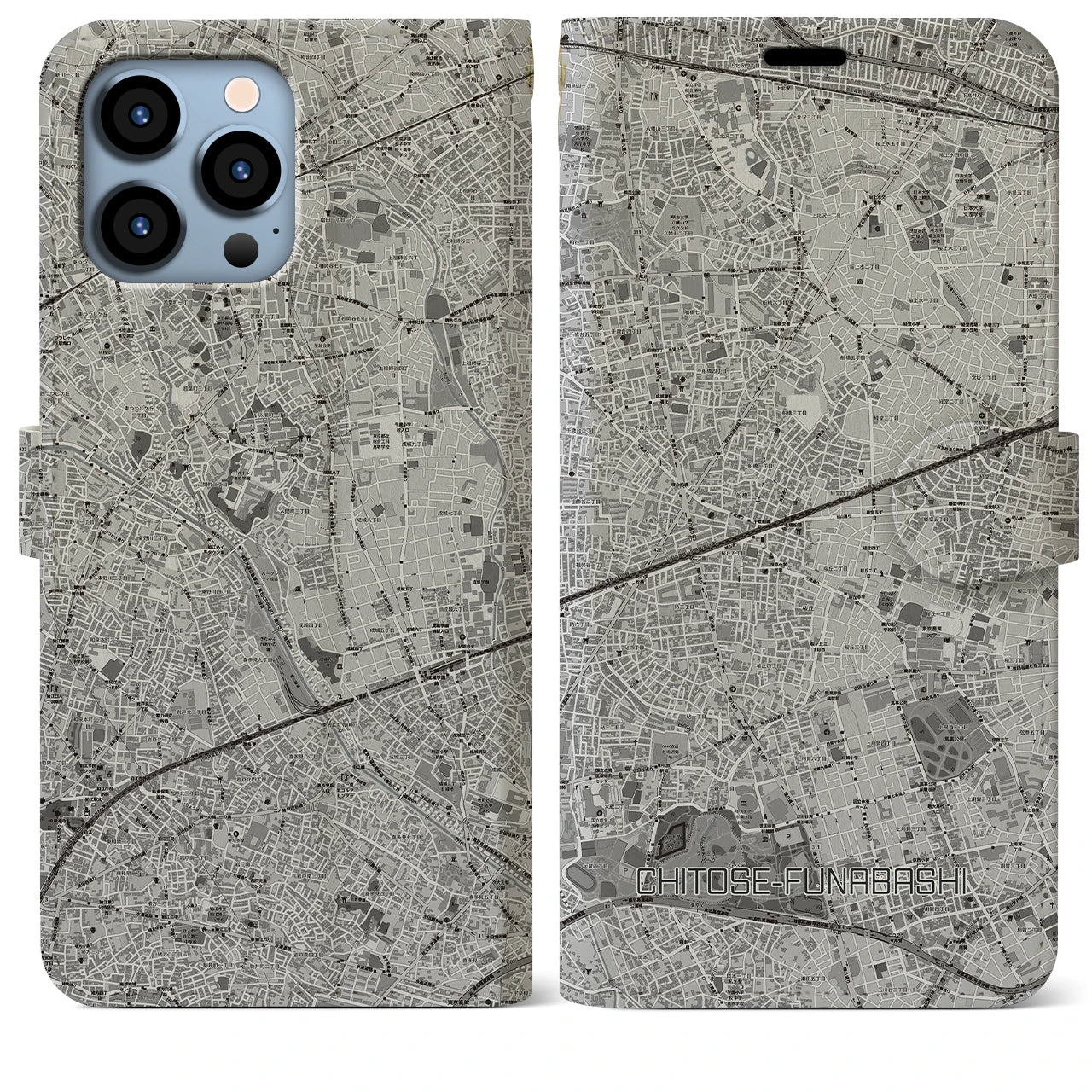 【千歳船橋(東京都)】地図柄iPhoneケース(手帳タイプ)モノトーン・iPhone 13 Pro Max 用