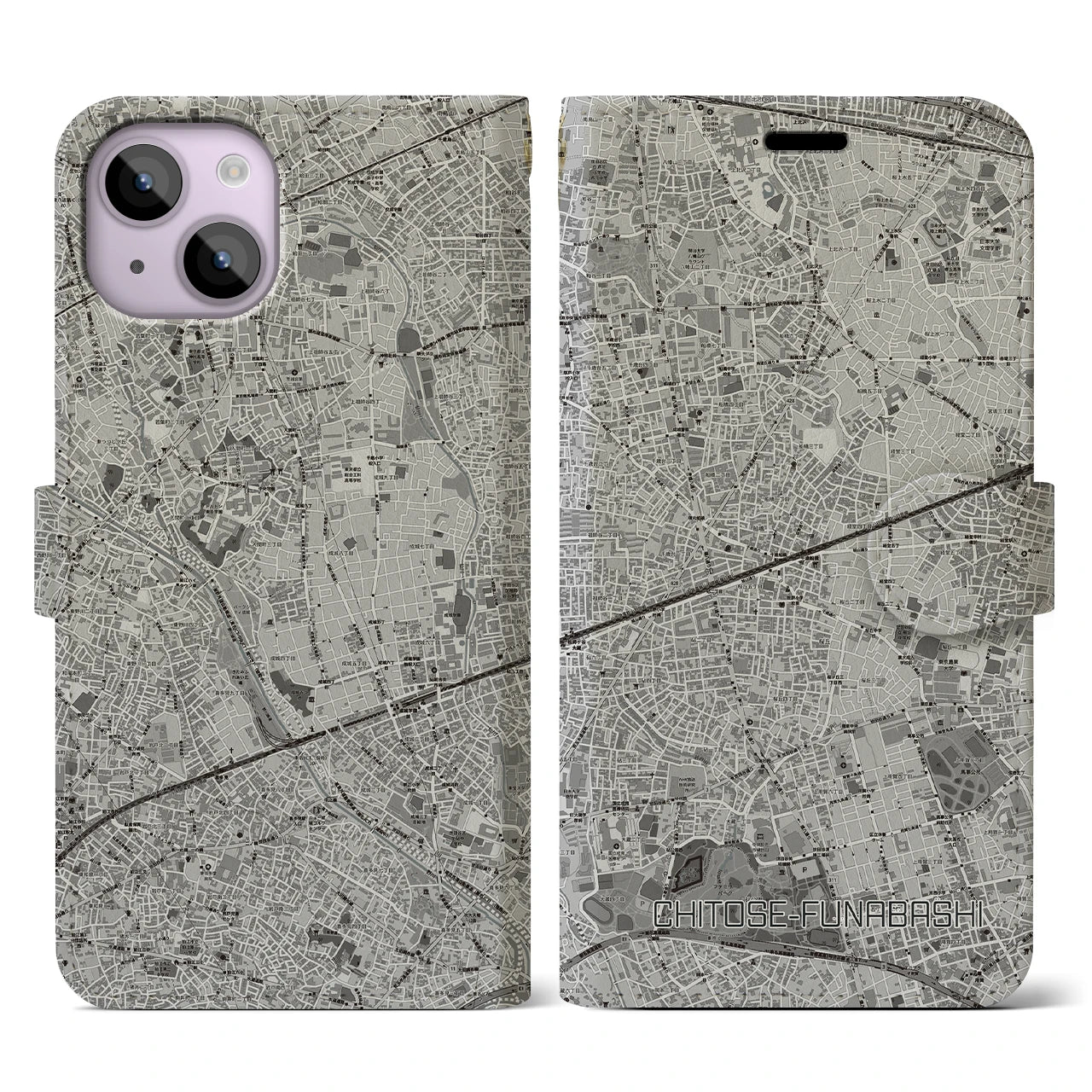 【千歳船橋(東京都)】地図柄iPhoneケース(手帳タイプ)モノトーン・iPhone 14 用