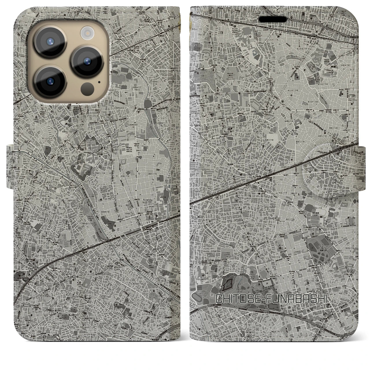 【千歳船橋(東京都)】地図柄iPhoneケース(手帳タイプ)モノトーン・iPhone 14 Pro Max 用