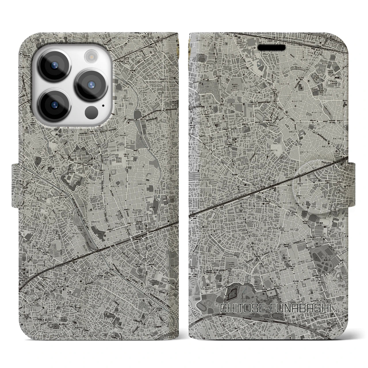 【千歳船橋(東京都)】地図柄iPhoneケース(手帳タイプ)モノトーン・iPhone 14 Pro 用