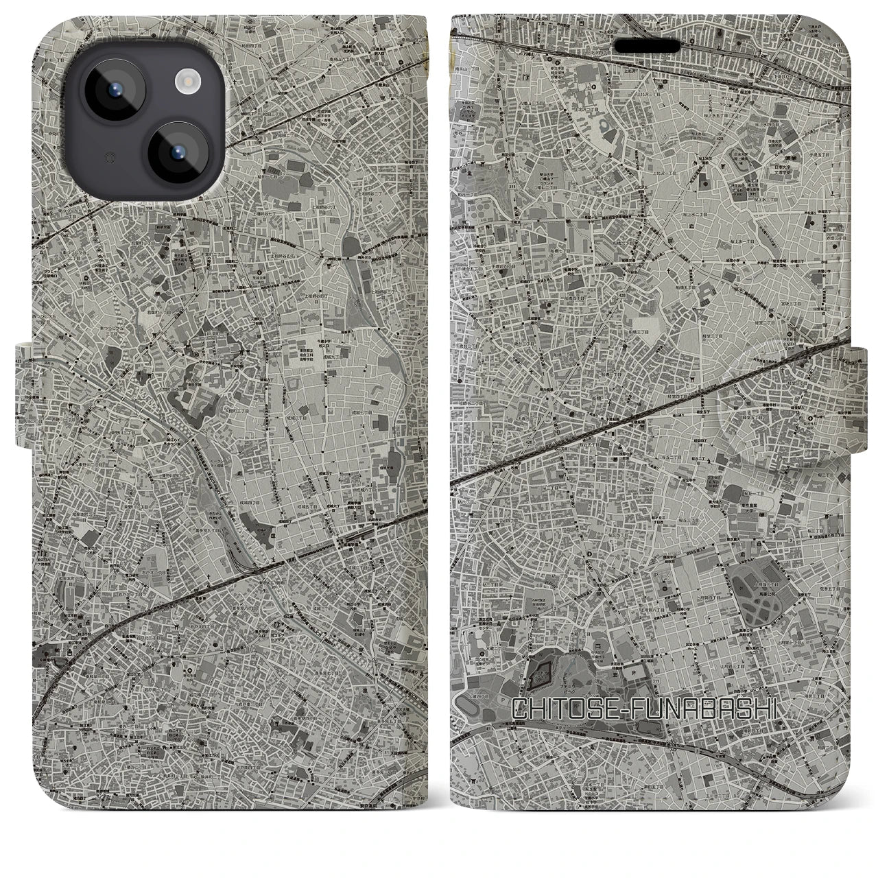 【千歳船橋(東京都)】地図柄iPhoneケース(手帳タイプ)モノトーン・iPhone 14 Plus 用