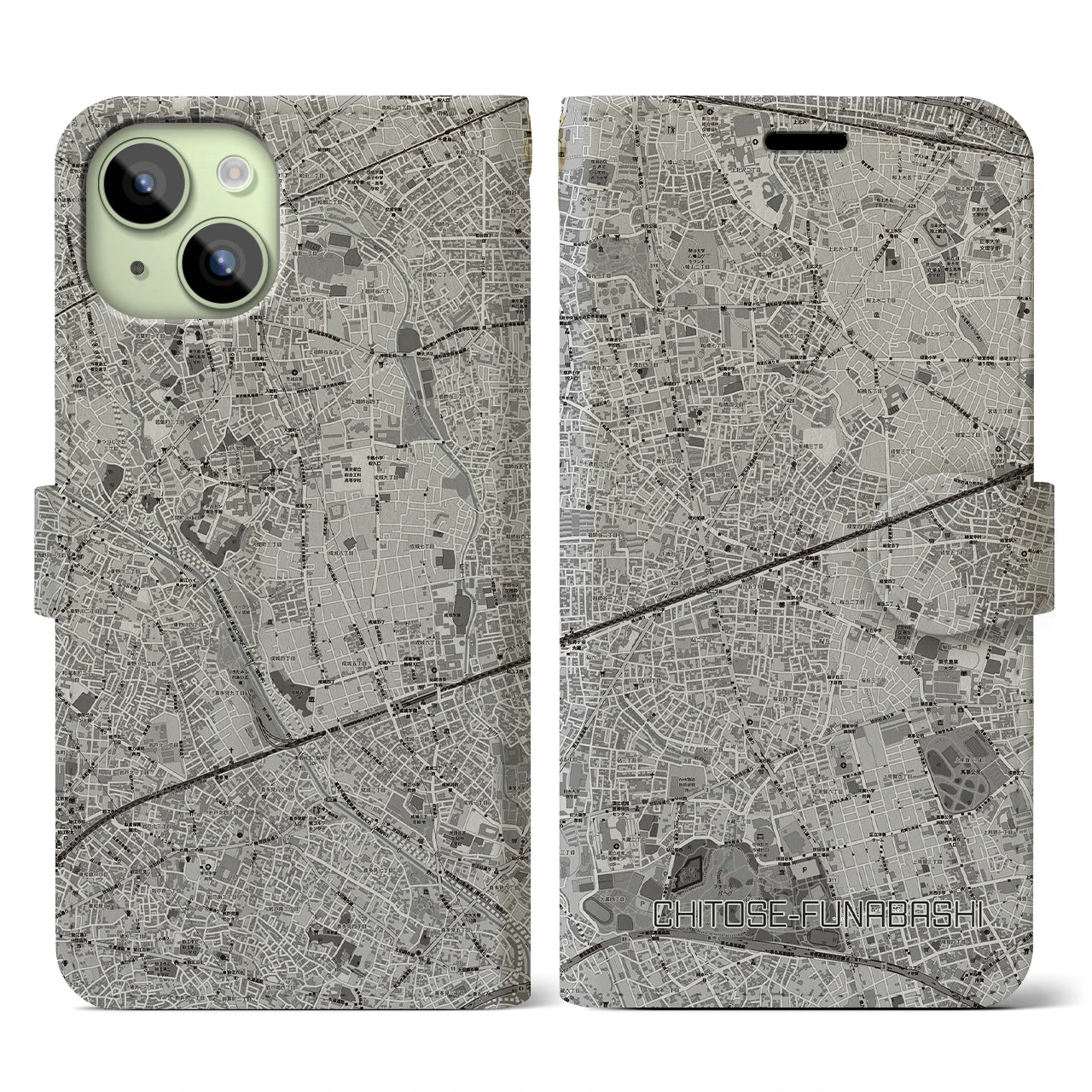 【千歳船橋(東京都)】地図柄iPhoneケース(手帳タイプ)モノトーン・iPhone 15 用