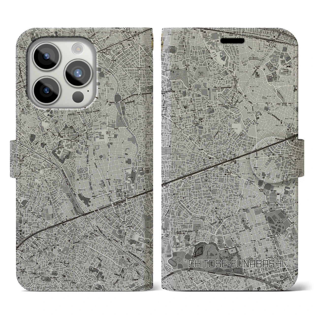 【千歳船橋(東京都)】地図柄iPhoneケース(手帳タイプ)モノトーン・iPhone 15 Pro 用