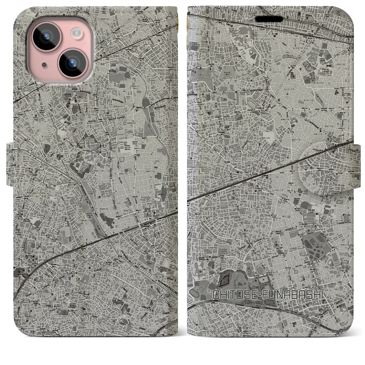 【千歳船橋(東京都)】地図柄iPhoneケース(手帳タイプ)モノトーン・iPhone 15 Plus 用