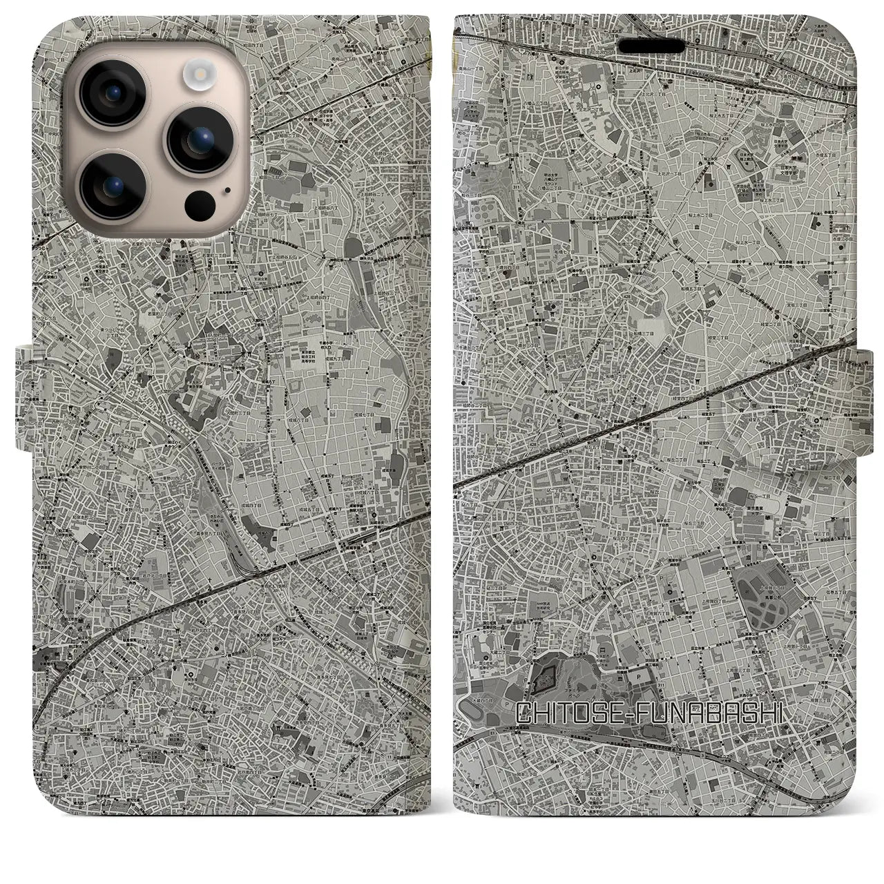 【千歳船橋(東京都)】地図柄iPhoneケース(手帳タイプ)モノトーン・iPhone 16 Plus 用