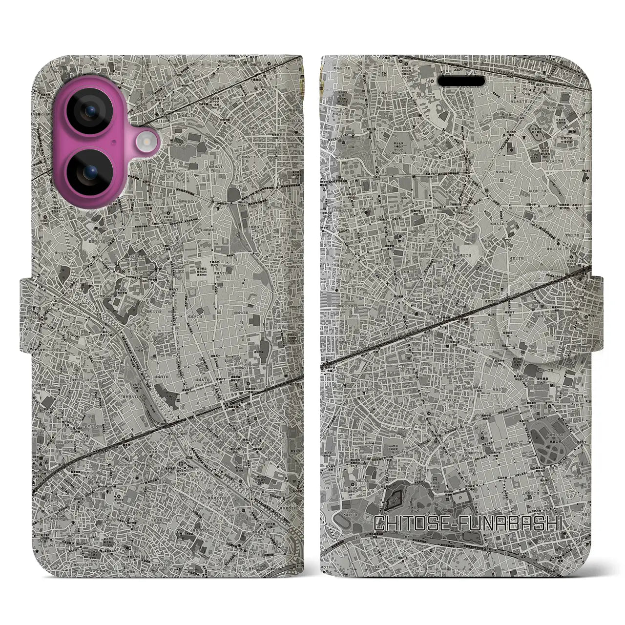【千歳船橋(東京都)】地図柄iPhoneケース(手帳タイプ)モノトーン・iPhone 16 Pro 用
