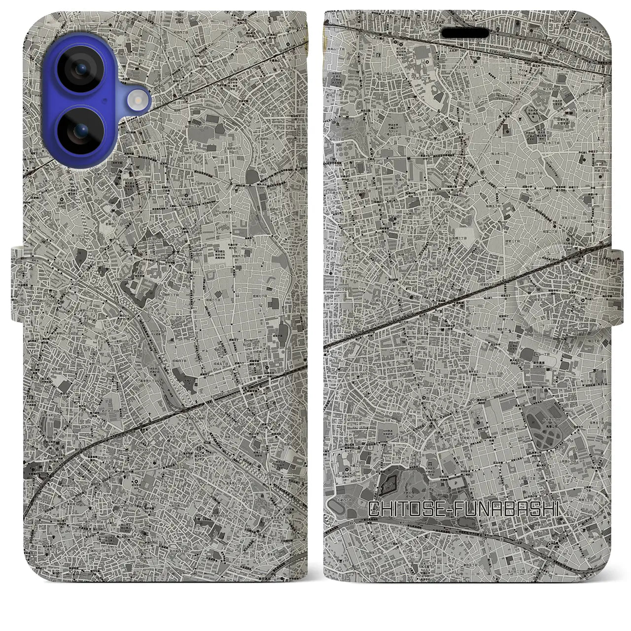 【千歳船橋(東京都)】地図柄iPhoneケース(手帳タイプ)モノトーン・iPhone 16 Pro Max 用