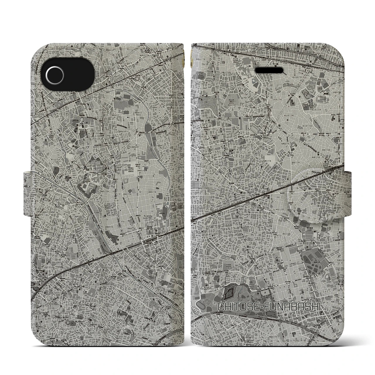 【千歳船橋(東京都)】地図柄iPhoneケース(手帳タイプ)モノトーン・iPhone SE(第3 / 第2世代) / 8 / 7 / 6s / 6 用