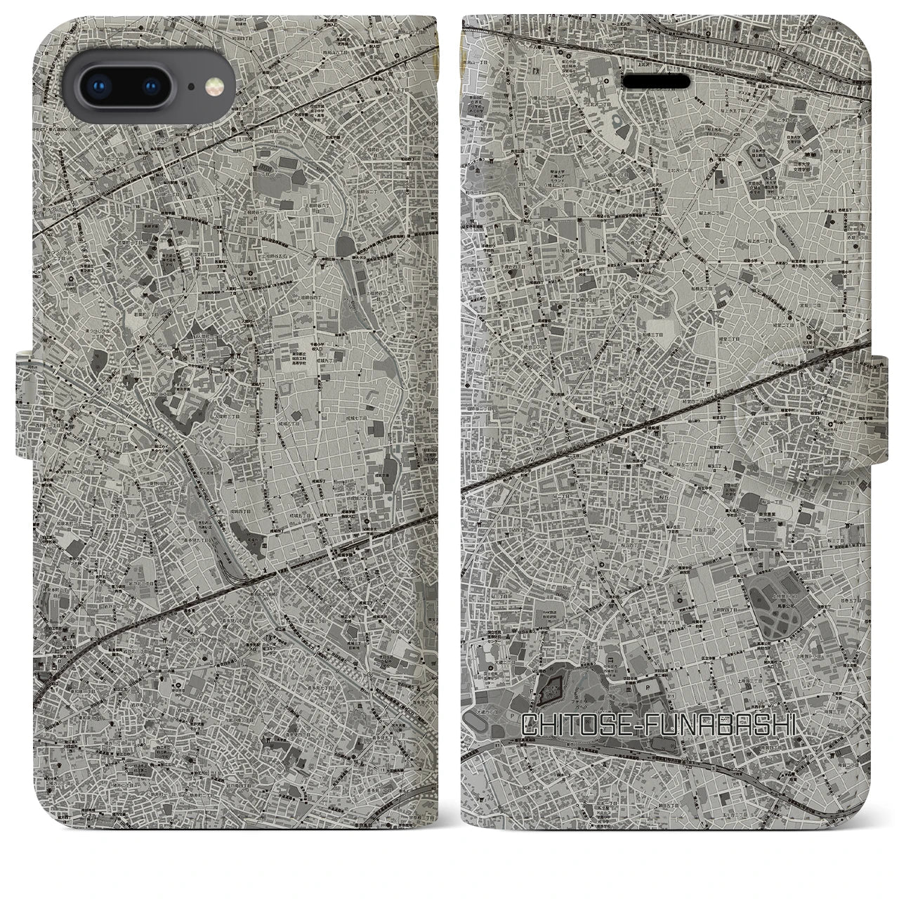 【千歳船橋(東京都)】地図柄iPhoneケース(手帳タイプ)モノトーン・iPhone 8Plus /7Plus / 6sPlus / 6Plus 用