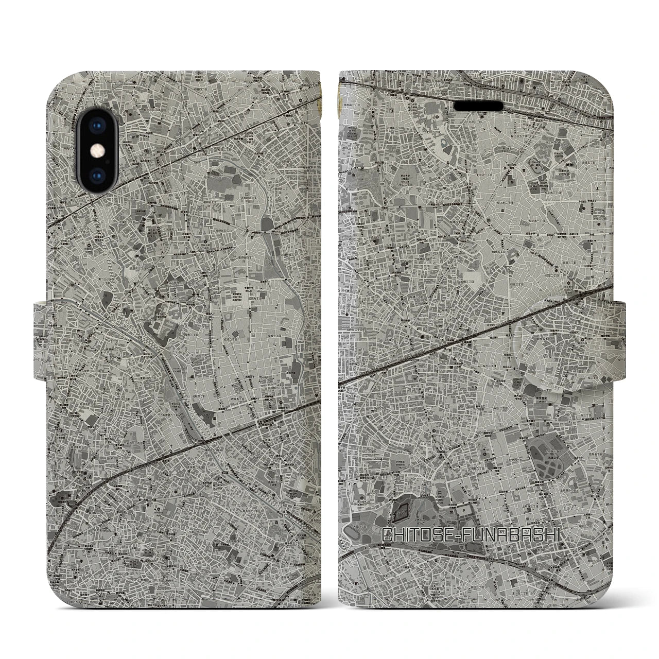 【千歳船橋(東京都)】地図柄iPhoneケース(手帳タイプ)モノトーン・iPhone XS / X 用