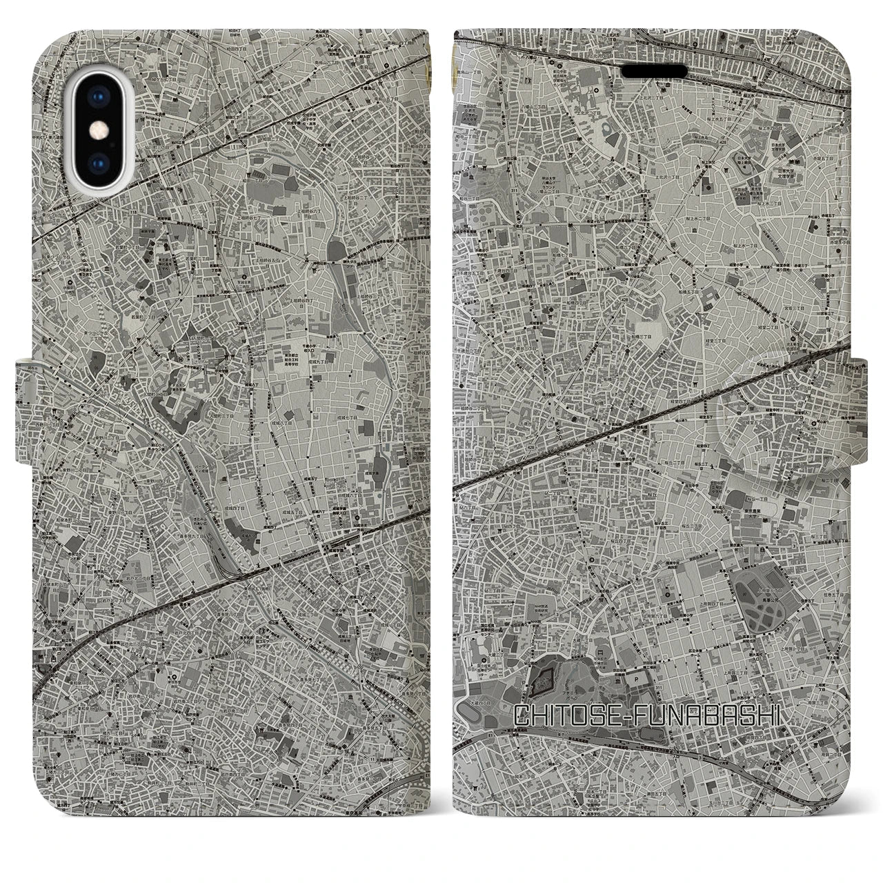 【千歳船橋(東京都)】地図柄iPhoneケース(手帳タイプ)モノトーン・iPhone XS Max 用