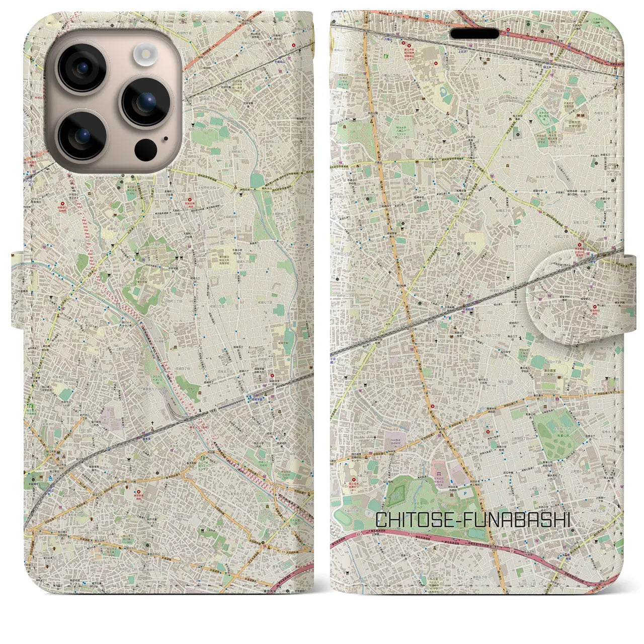 【千歳船橋(東京都)】地図柄iPhoneケース(手帳タイプ)ナチュラル・iPhone 16 Plus 用