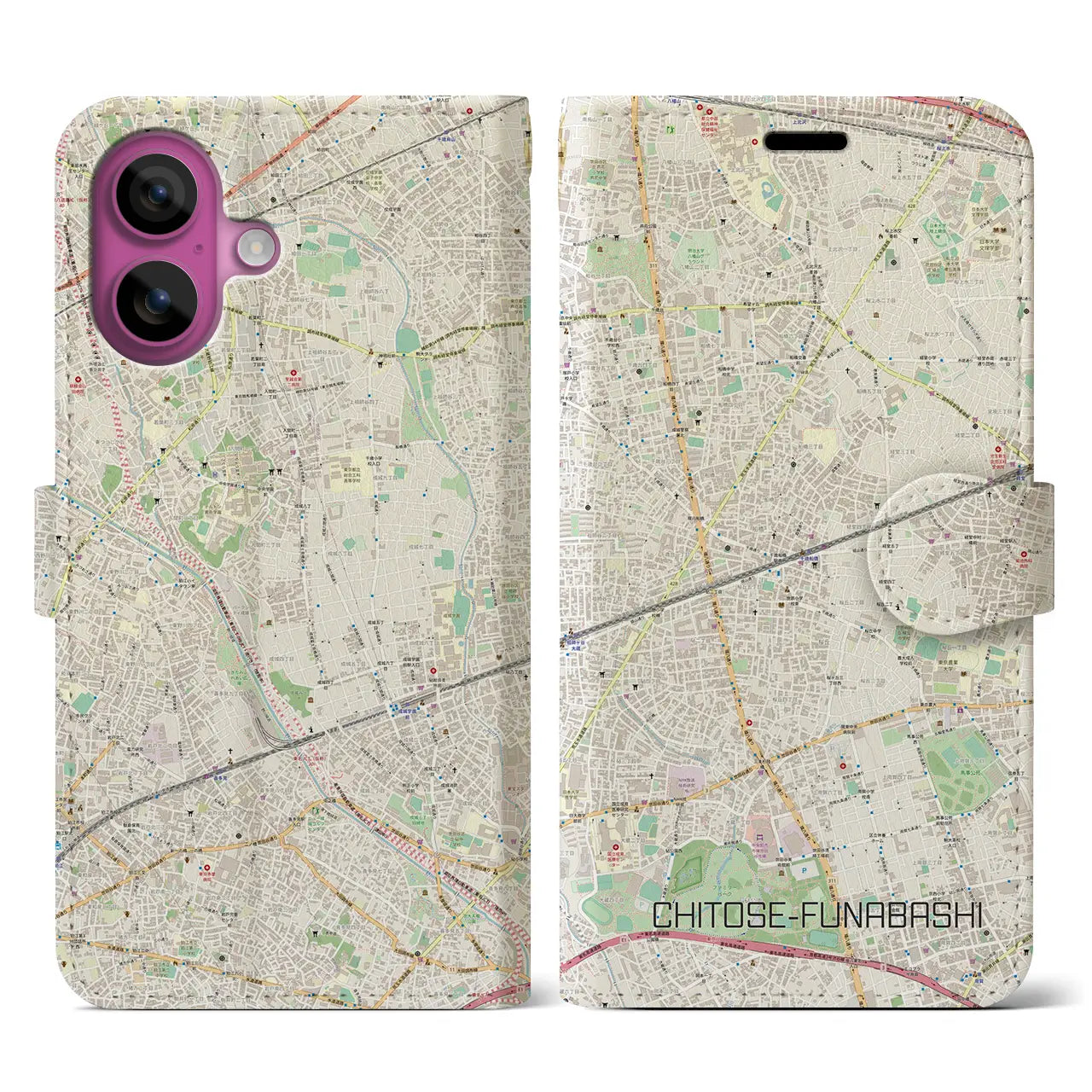 【千歳船橋(東京都)】地図柄iPhoneケース(手帳タイプ)ナチュラル・iPhone 16 Pro 用