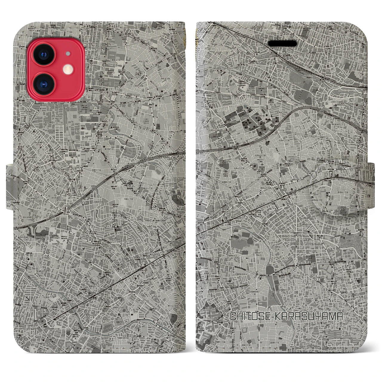 【千歳烏山(東京都)】地図柄iPhoneケース(手帳タイプ)モノトーン・iPhone 11 用