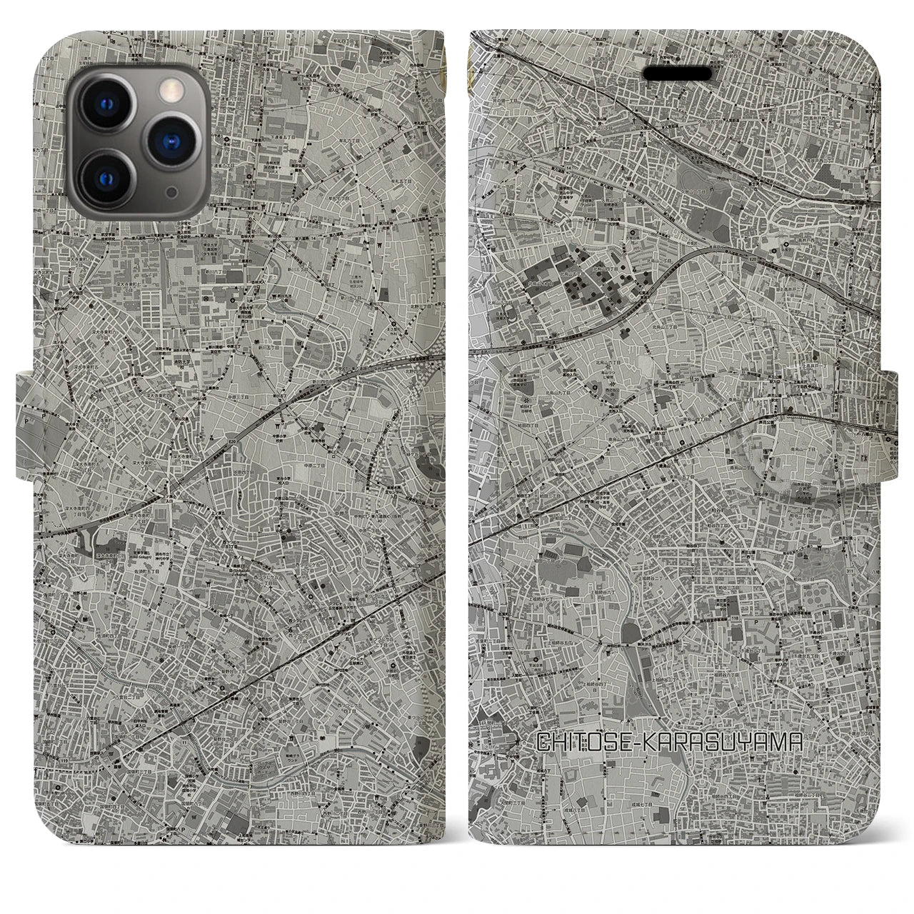 【千歳烏山(東京都)】地図柄iPhoneケース(手帳タイプ)モノトーン・iPhone 11 Pro Max 用