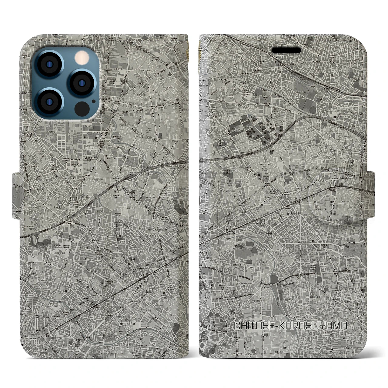 【千歳烏山(東京都)】地図柄iPhoneケース(手帳タイプ)モノトーン・iPhone 12 / 12 Pro 用