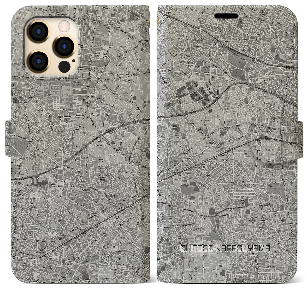 【千歳烏山(東京都)】地図柄iPhoneケース(手帳タイプ)モノトーン・iPhone 12 Pro Max 用