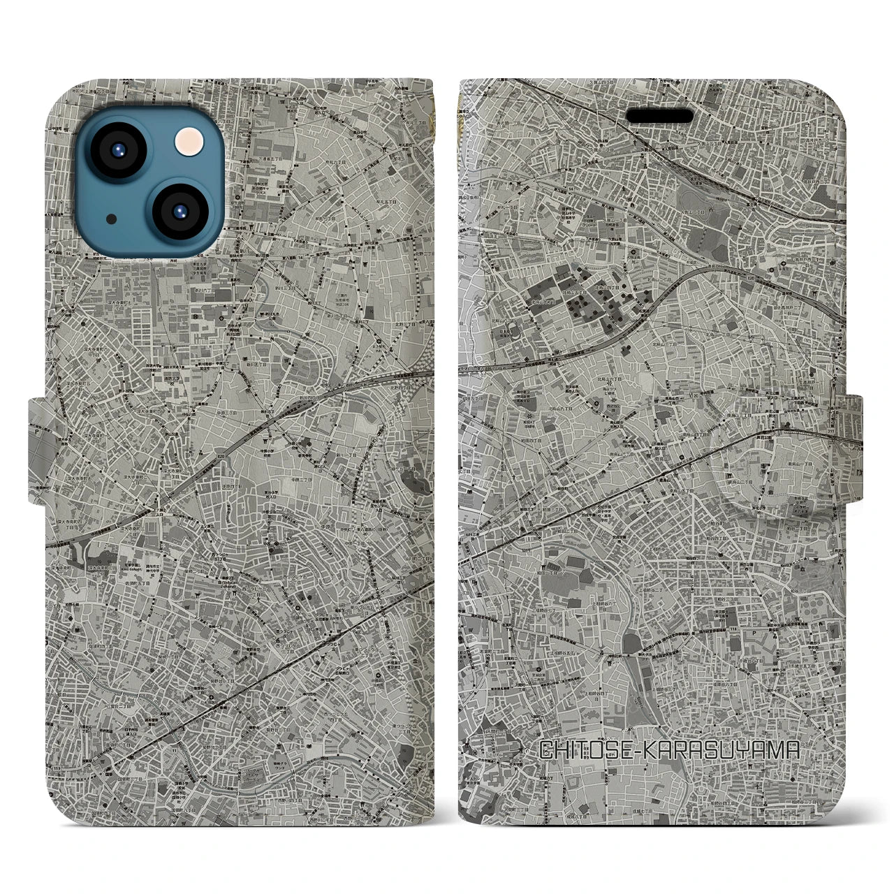 【千歳烏山(東京都)】地図柄iPhoneケース(手帳タイプ)モノトーン・iPhone 13 用