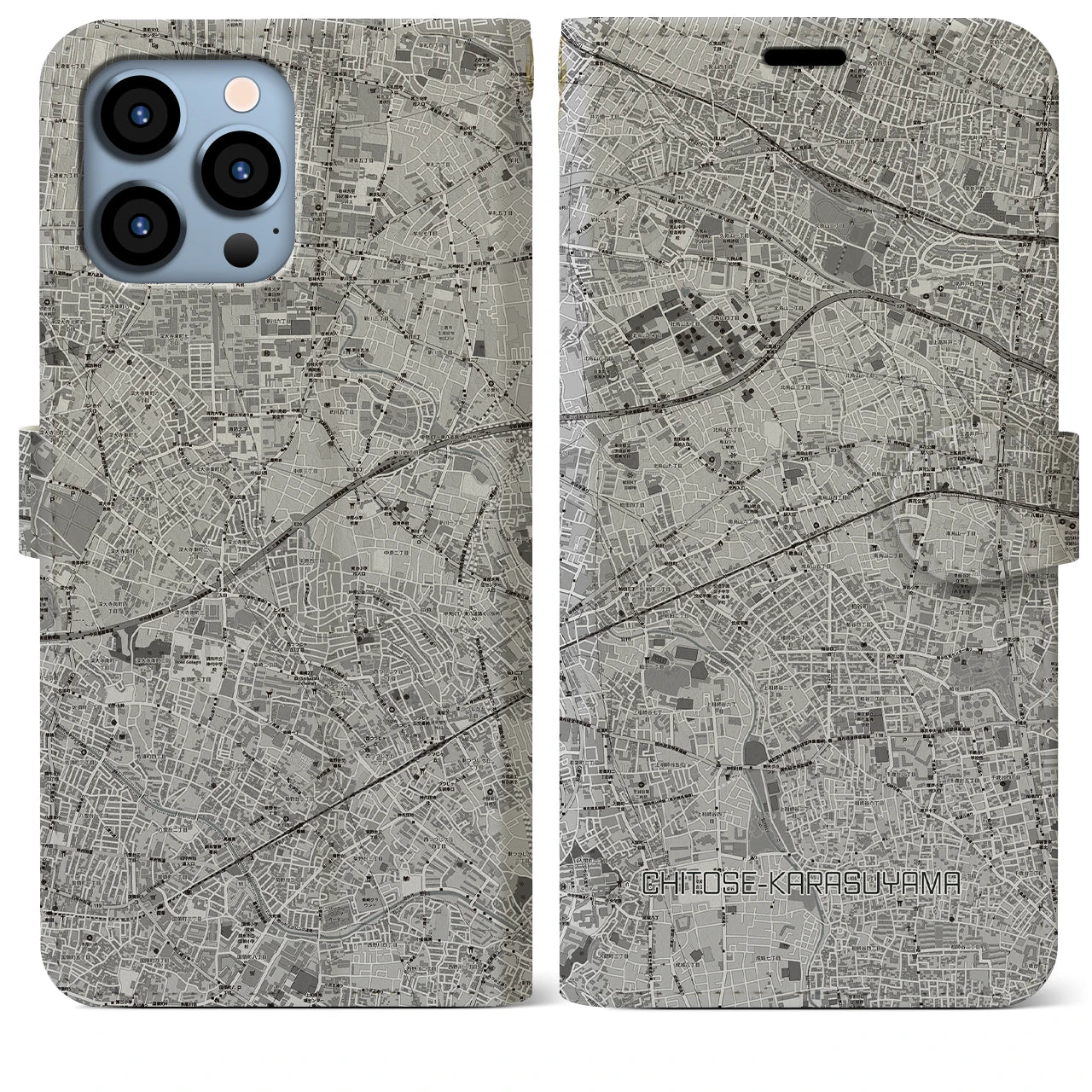 【千歳烏山(東京都)】地図柄iPhoneケース(手帳タイプ)モノトーン・iPhone 13 Pro Max 用