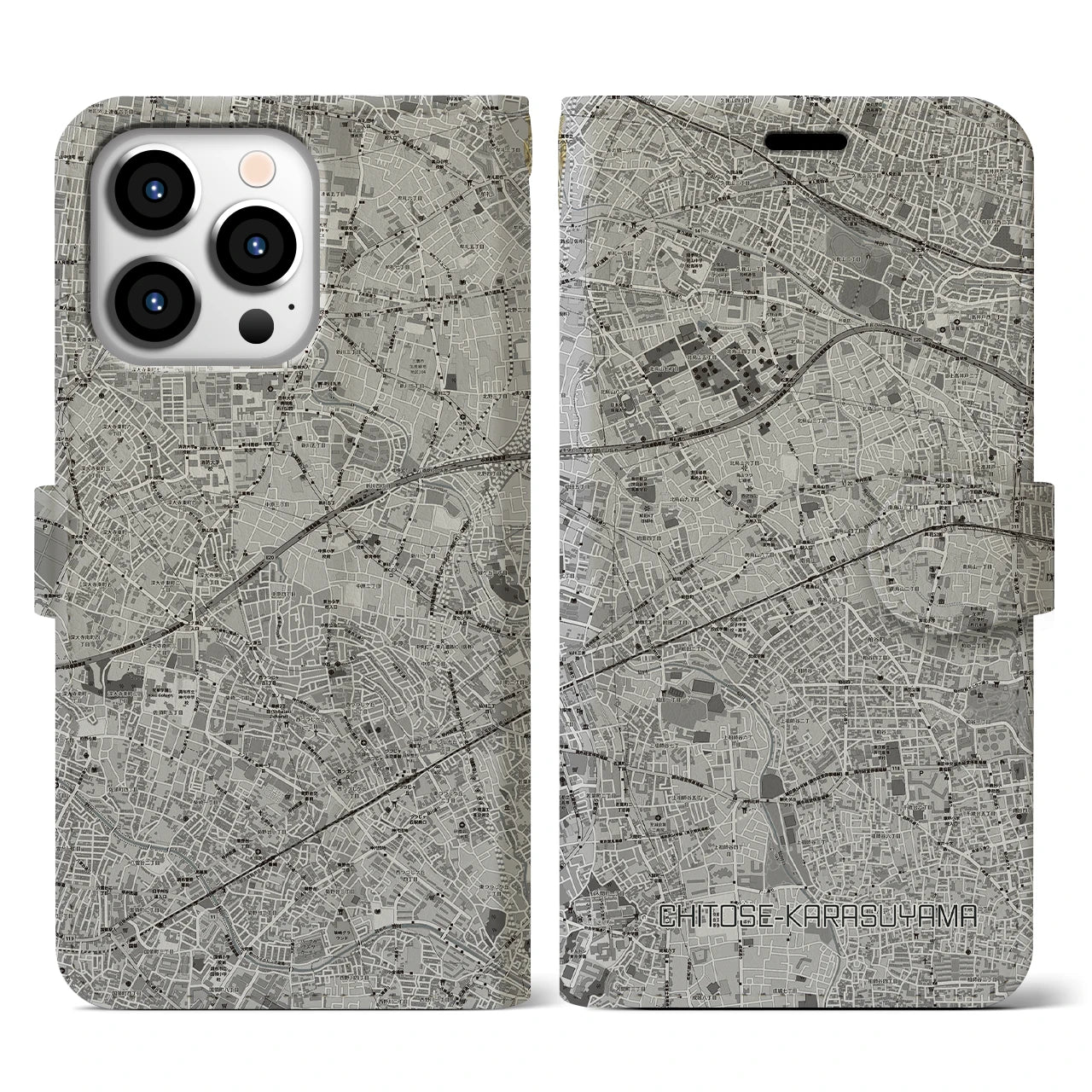 【千歳烏山(東京都)】地図柄iPhoneケース(手帳タイプ)モノトーン・iPhone 13 Pro 用