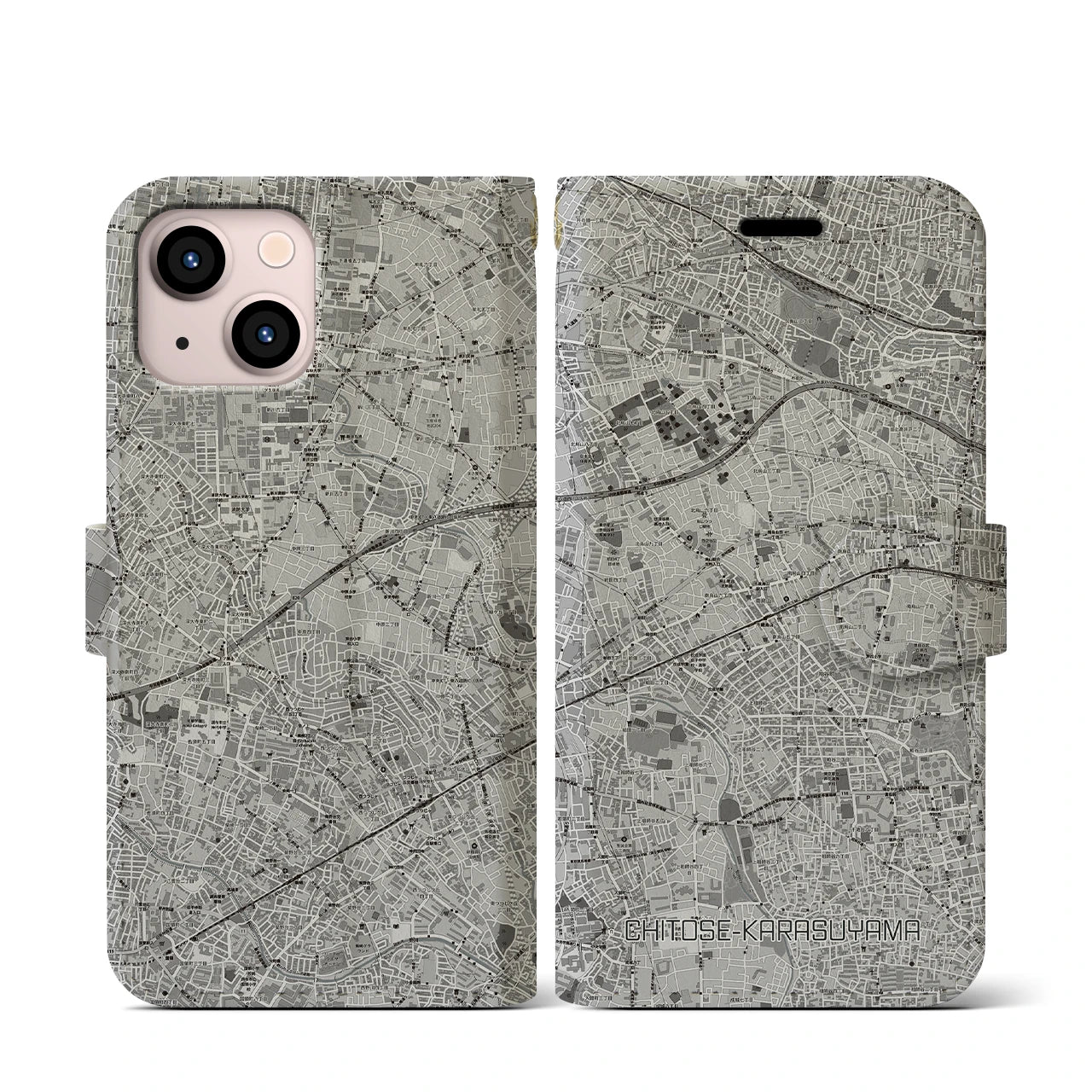 【千歳烏山(東京都)】地図柄iPhoneケース(手帳タイプ)モノトーン・iPhone 13 mini 用