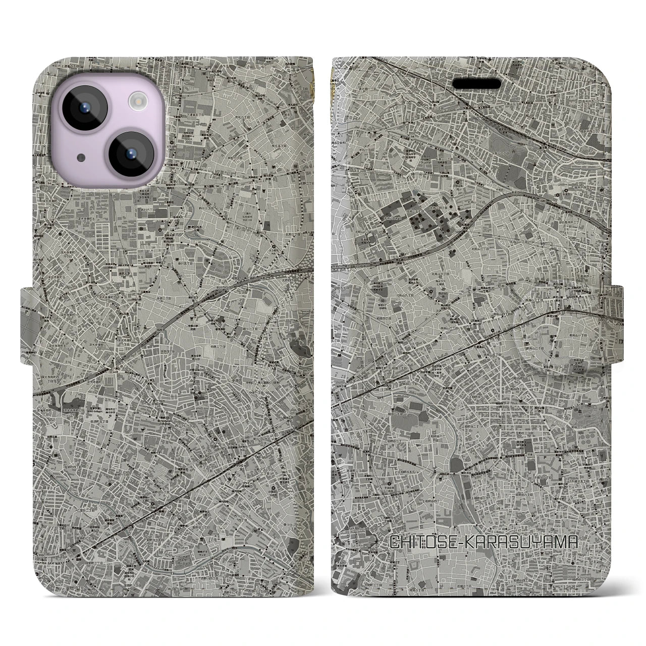 【千歳烏山(東京都)】地図柄iPhoneケース(手帳タイプ)モノトーン・iPhone 14 用